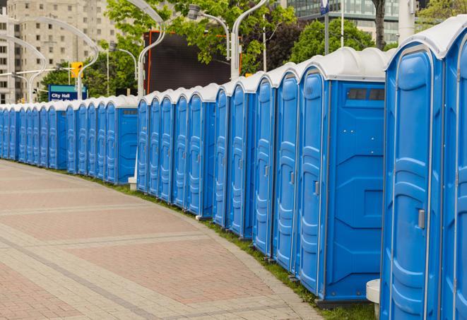 a row of portable restrooms at a trade show, catering to visitors with a professional and comfortable experience in Clearwater, FL